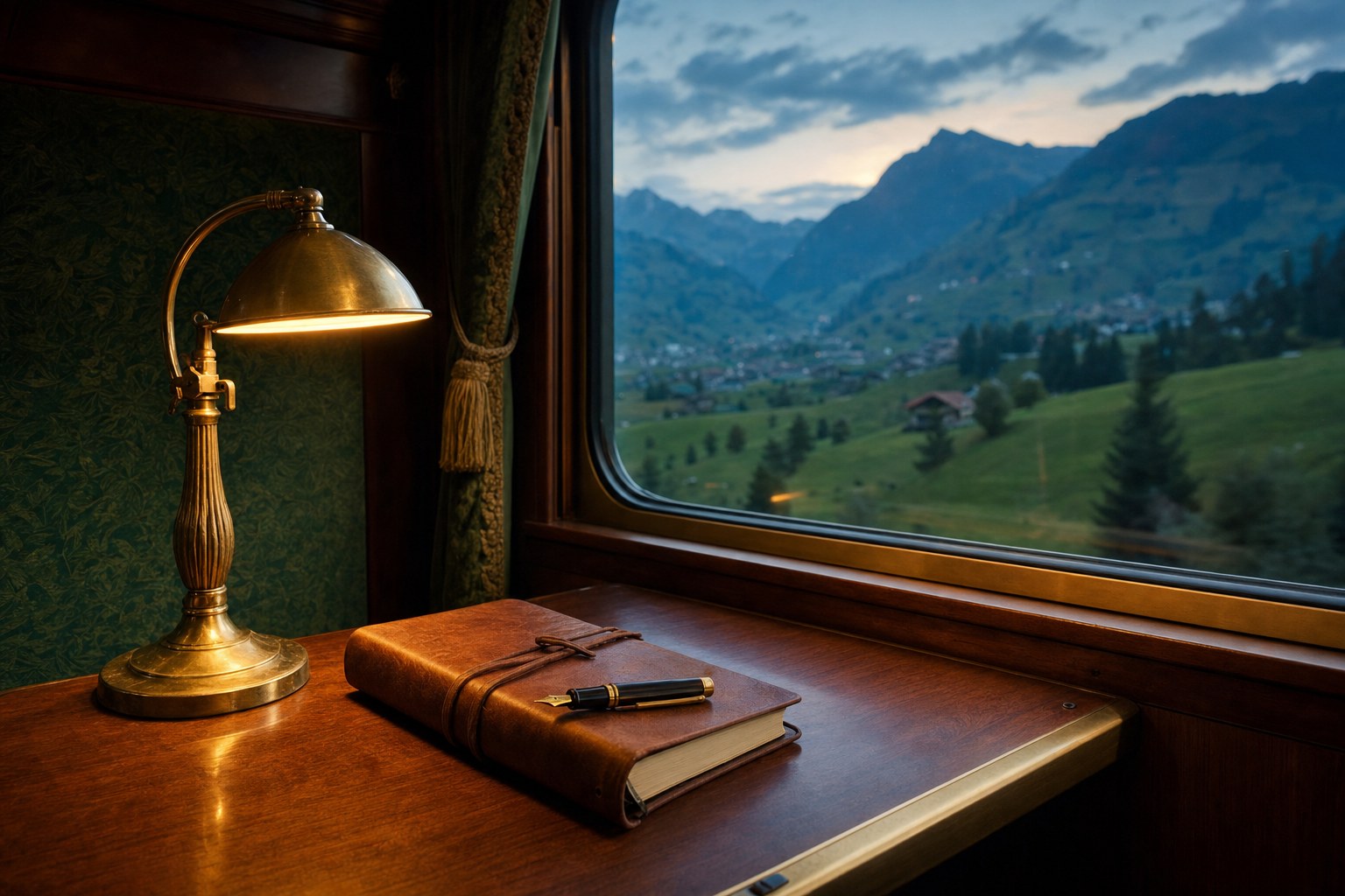 European train compartment with a warm reading lamp