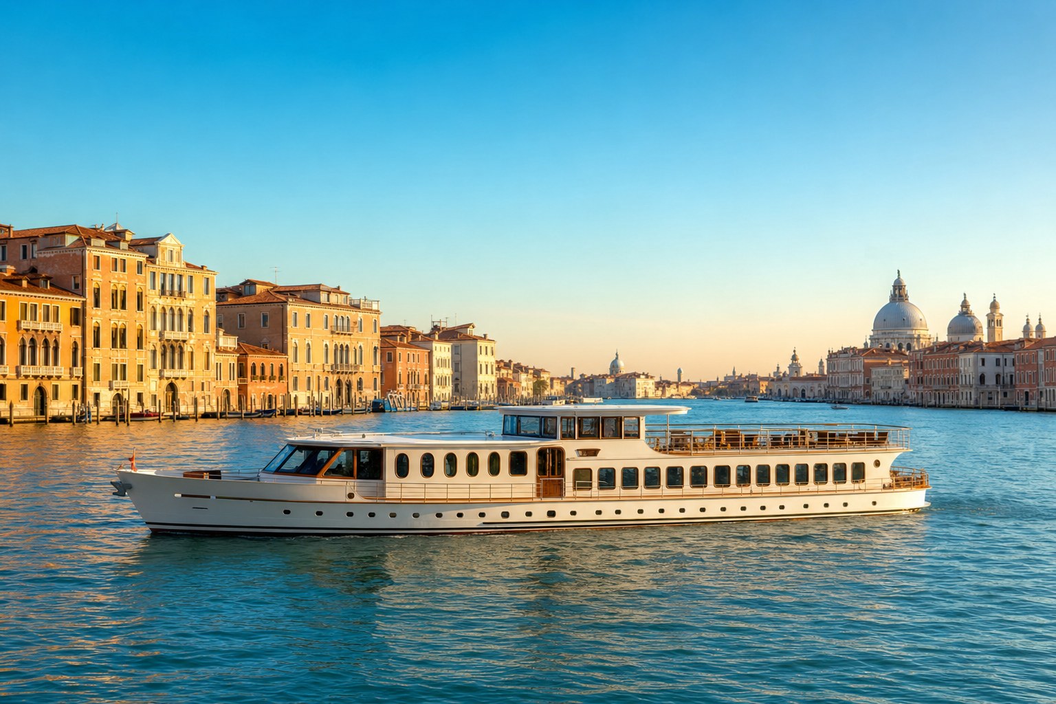 Elegant river cruise vessel on sunlit water near Venice