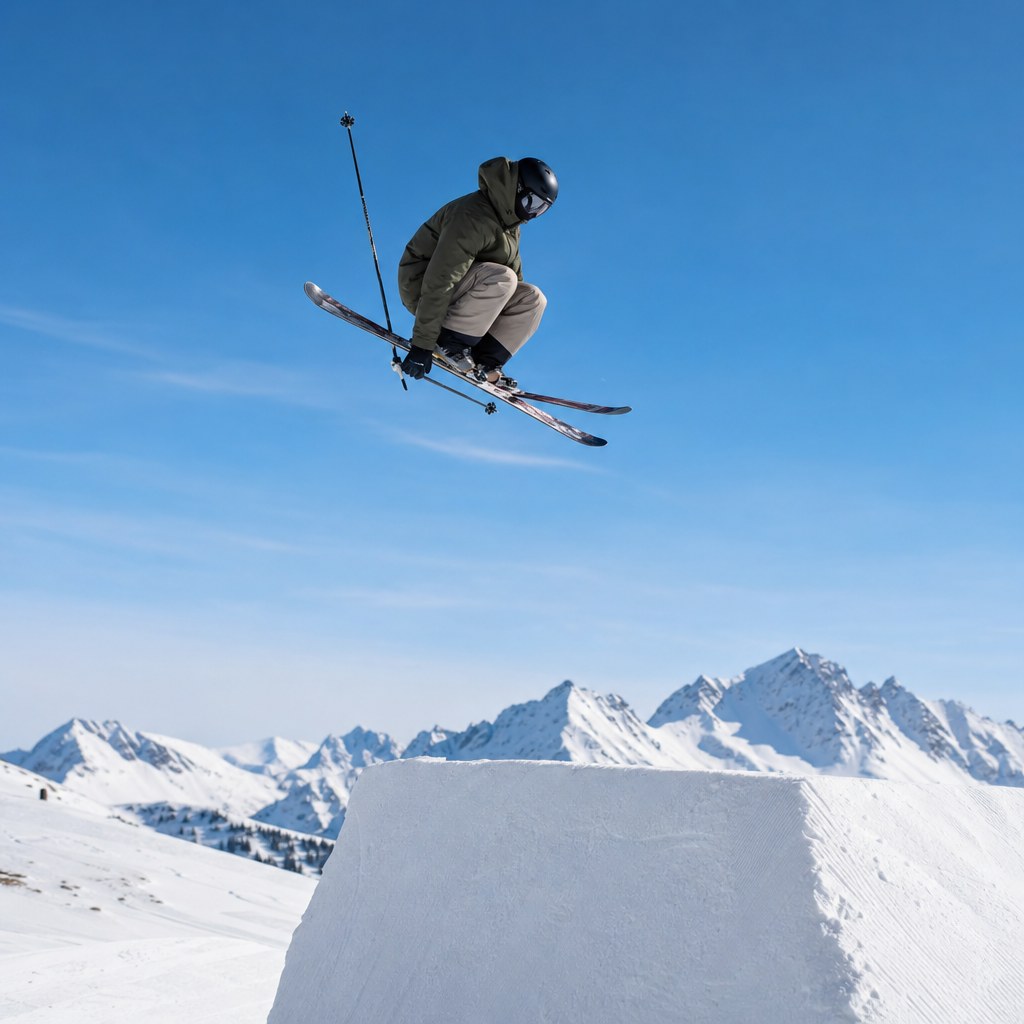 Freestyle skier in the air above a jump