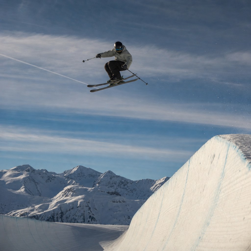 Skier launching above a halfpipe wall