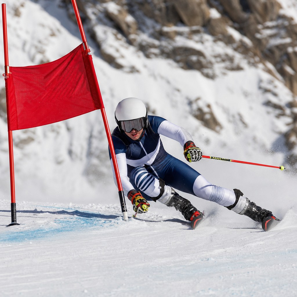 Ski racer carving around a race course gate