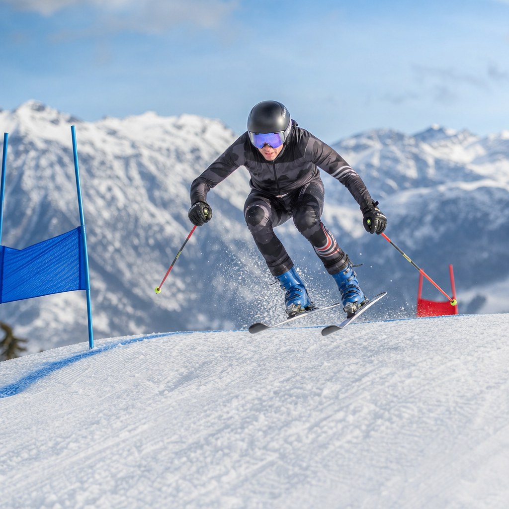 Skier cross racer charging through a mountain course