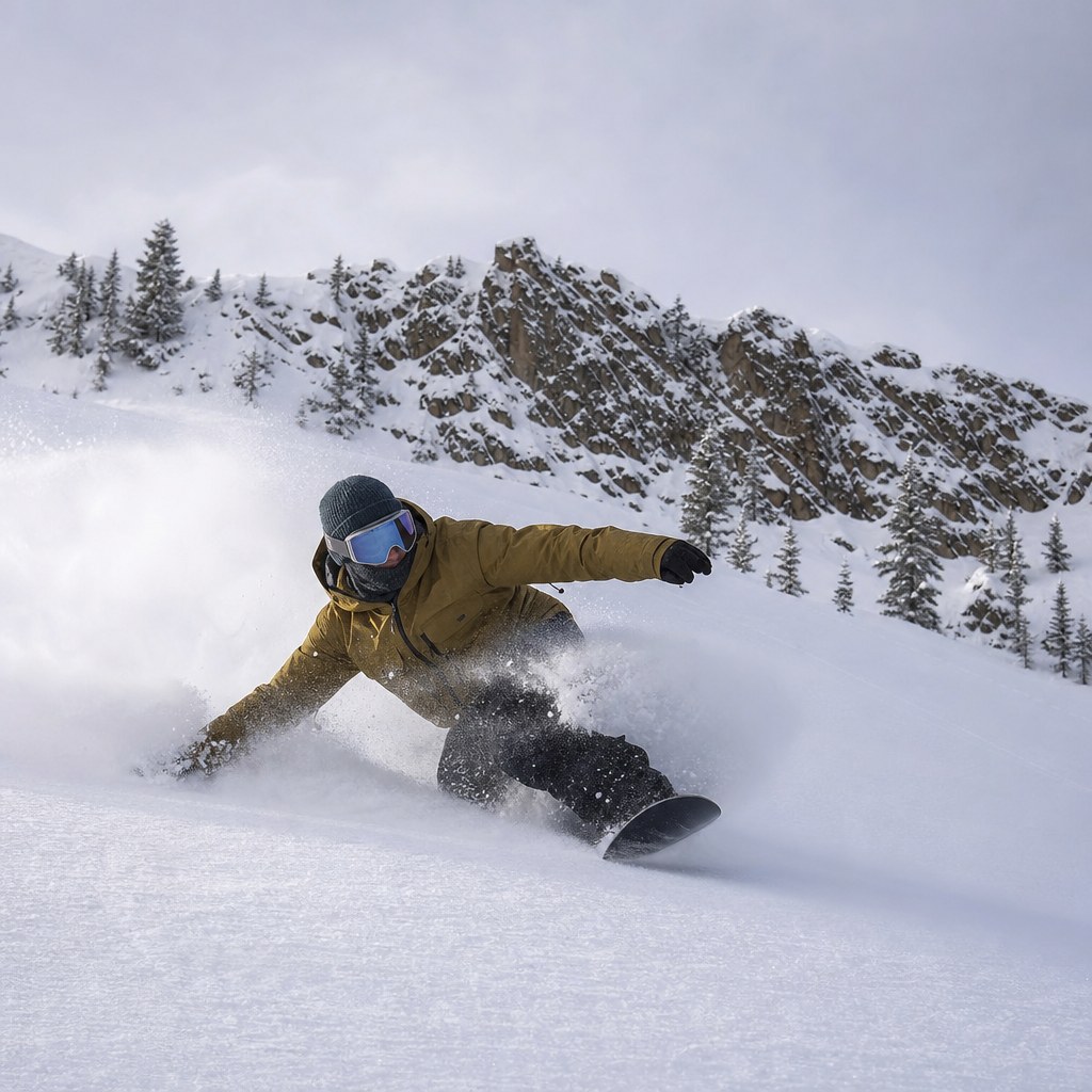 Snowboarder carving through mountain snow
