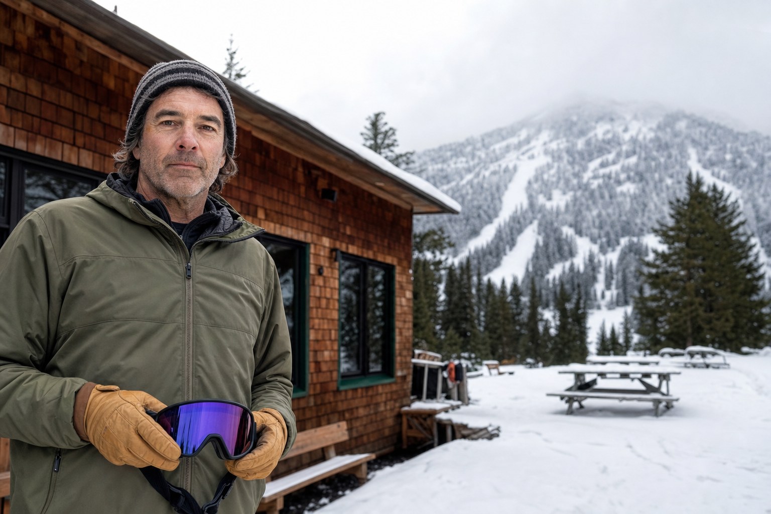 Mountain coach and founder standing outside a snowy lodge