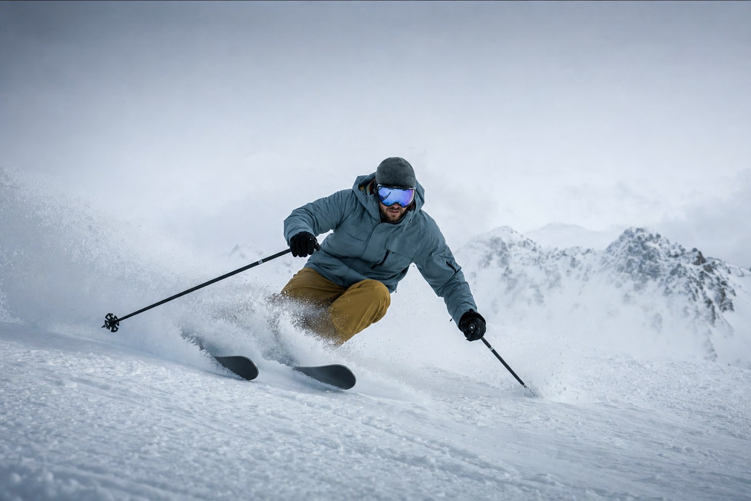 Skier carving a mountain face in flat light