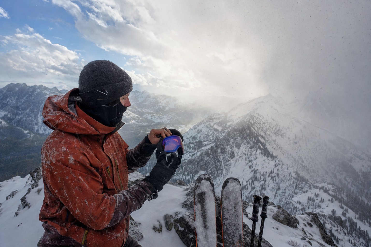 Skier adjusting goggles as mountain weather changes