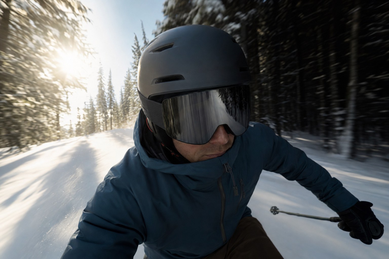 Skier moving through bright sun and forest shade in goggles