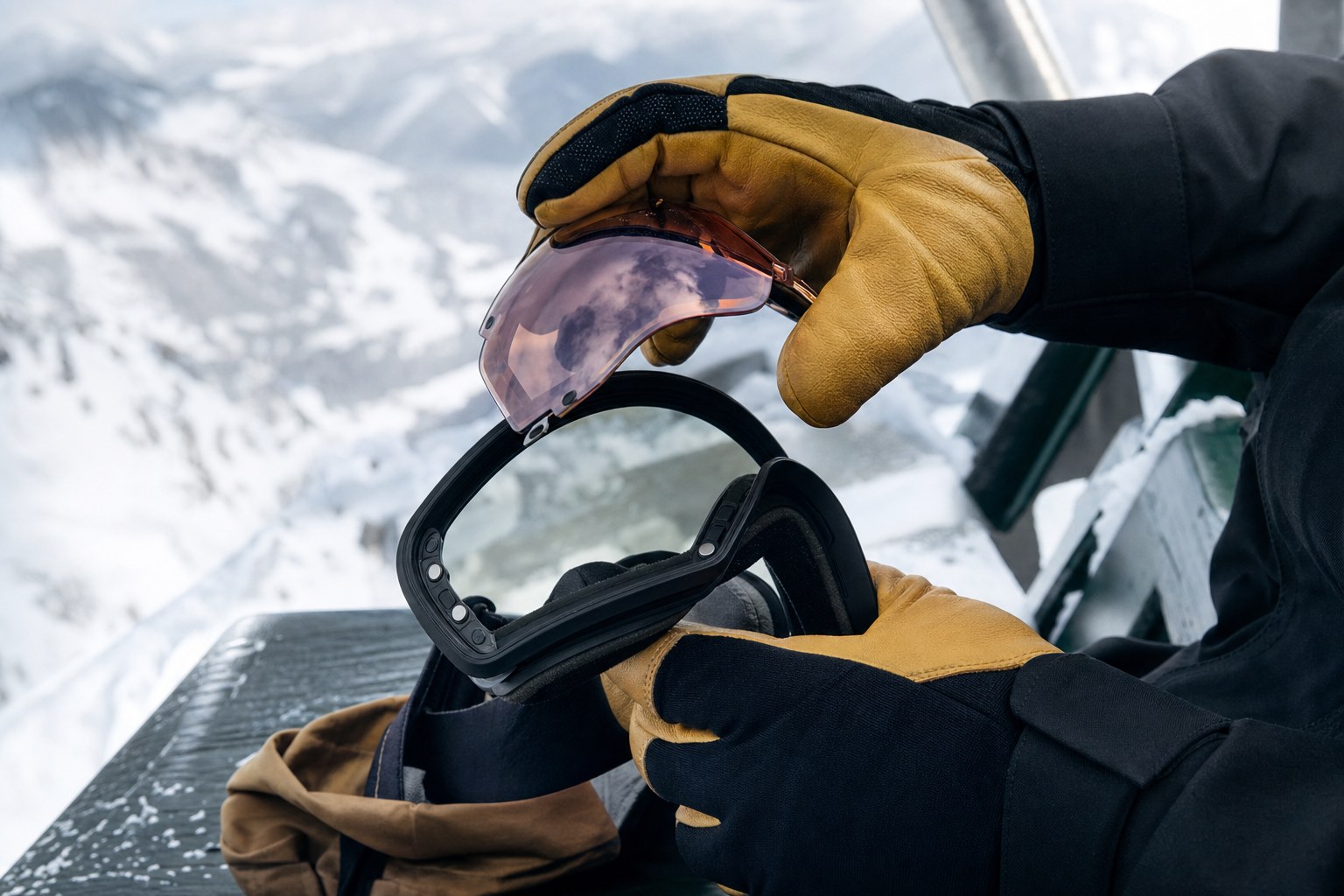 Gloved hands changing a magnetic ski goggle lens