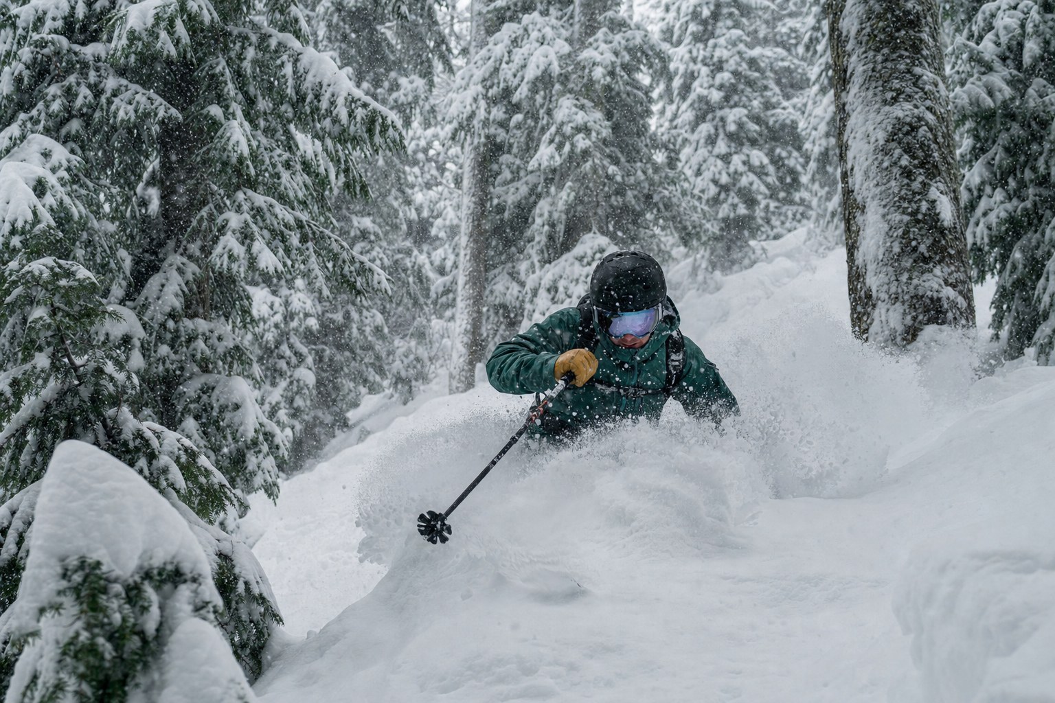 Skier riding deep powder through Pacific Northwest evergreens