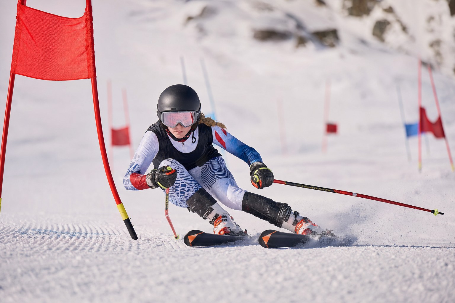 Youth ski racer driving through a slalom gate