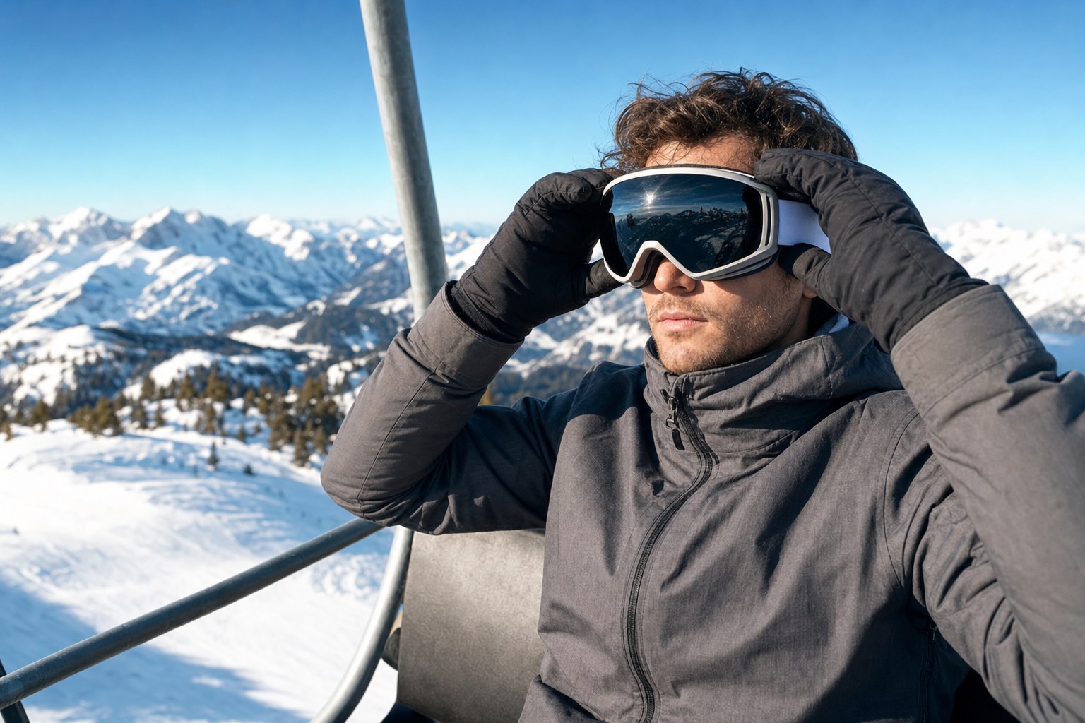 Skier adjusting goggles at the top of a chairlift