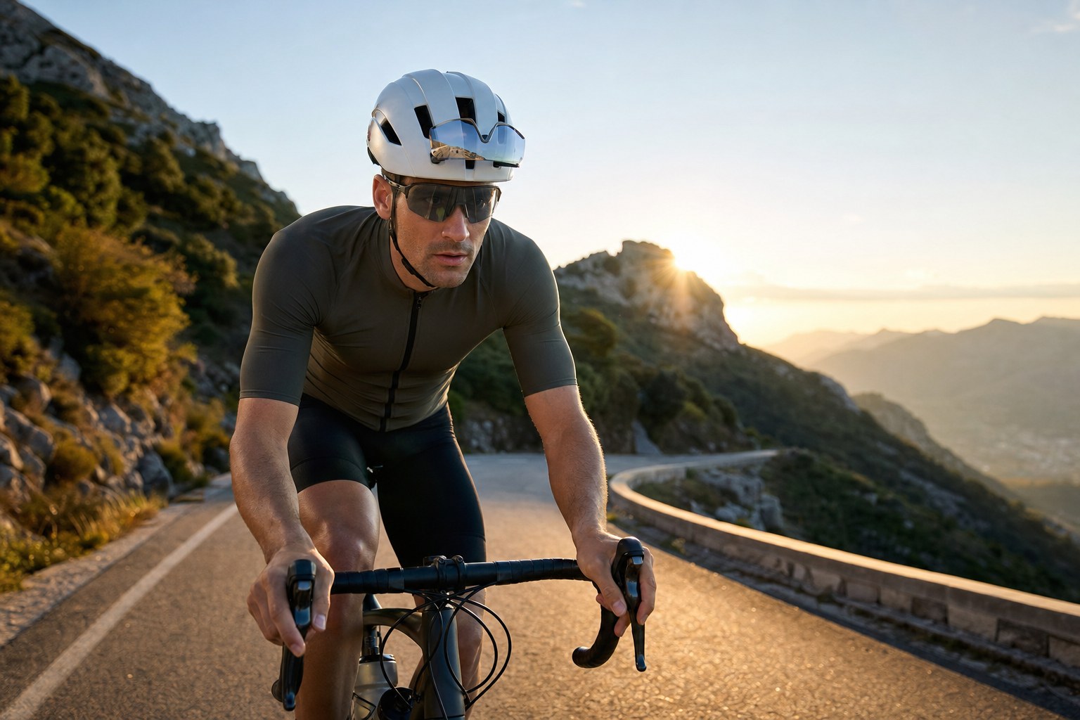 Road cyclist riding a mountain road at sunrise