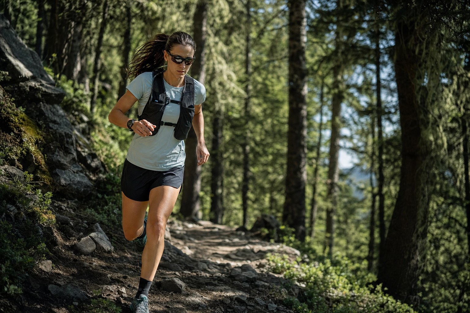 Trail runner wearing sunglasses in dappled forest light