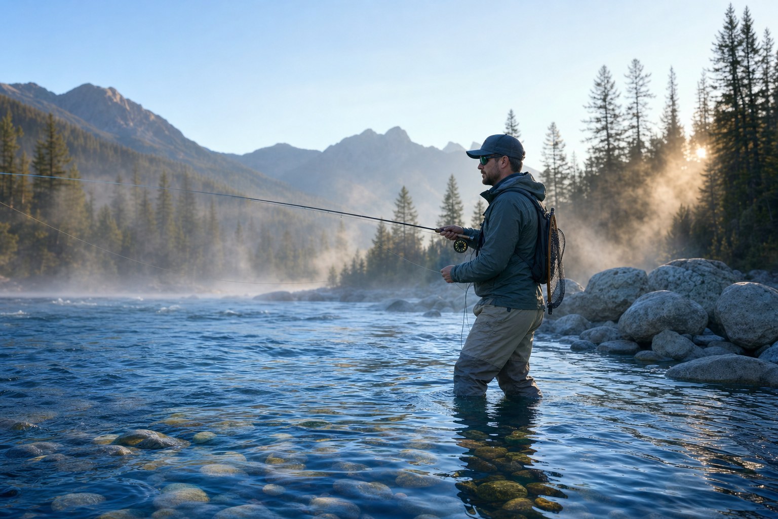 Fly angler standing in a clear mountain river at dawn