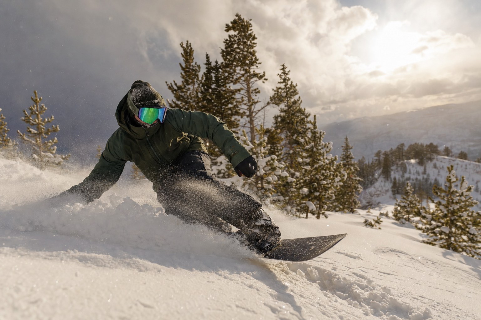 Snowboarder carving powder through changing mountain light