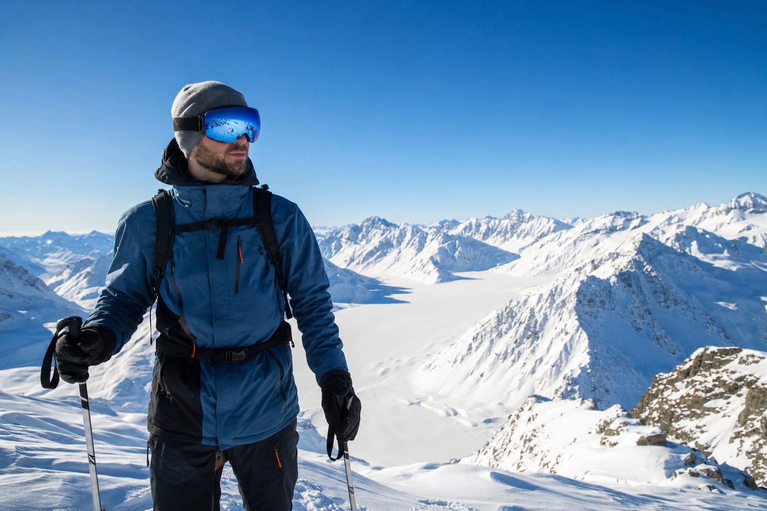 Skier wearing reflective goggles above a bright snowfield