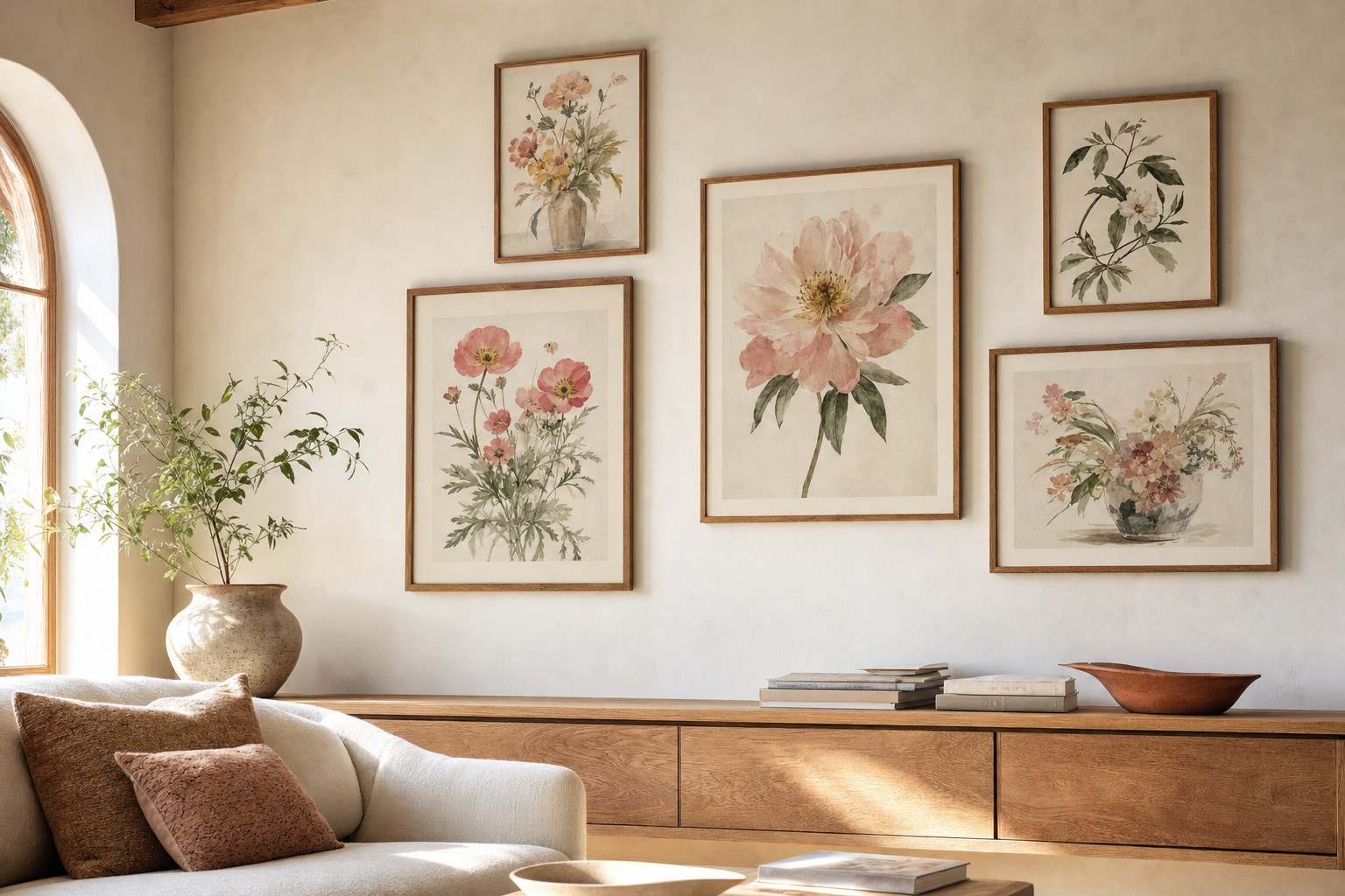 A warm living room with five floral prints arranged above a wood console