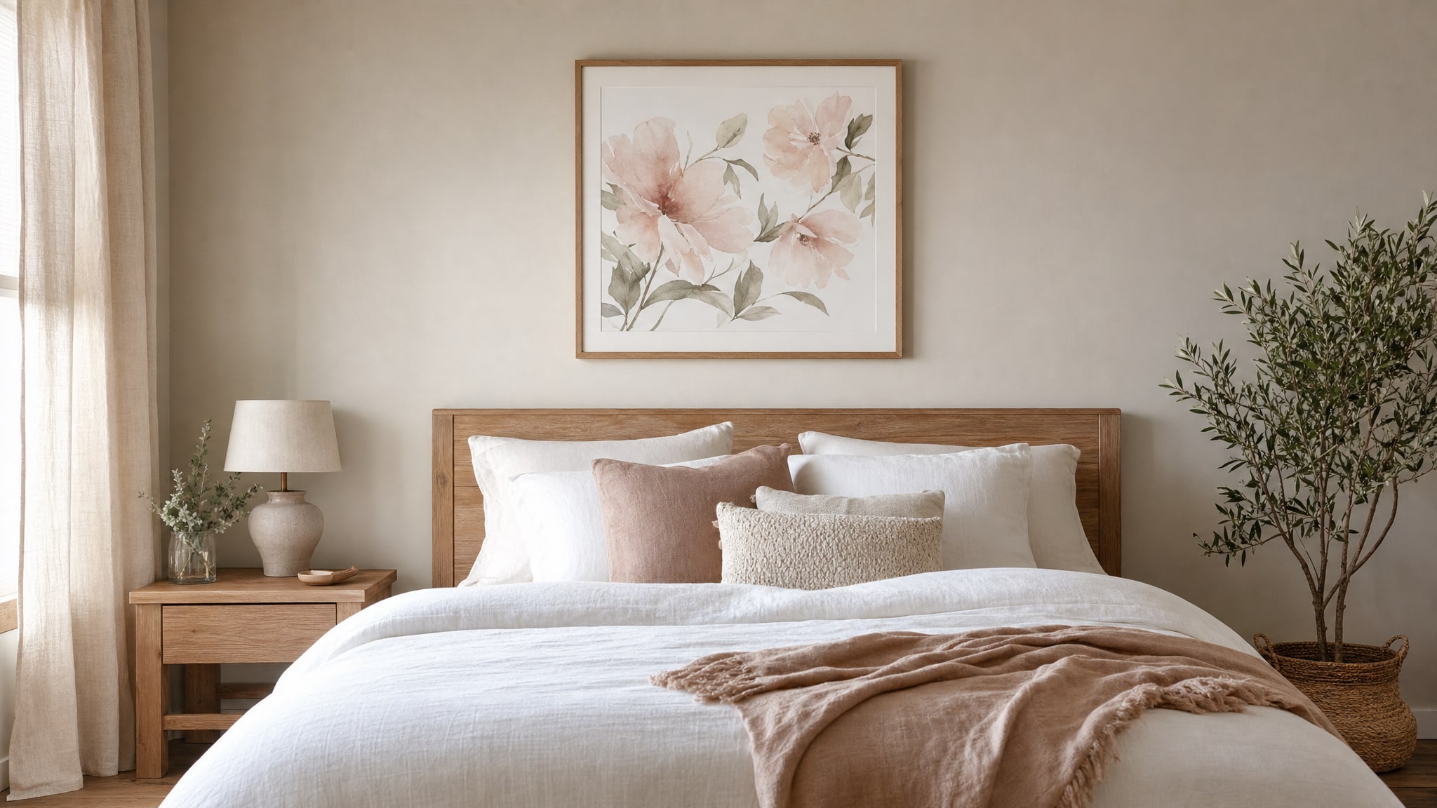 Soft watercolor floral artwork centered above a warm wood bed
