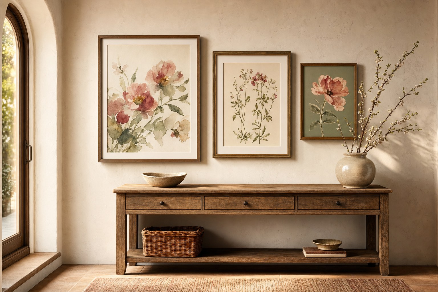 Three framed floral art pieces arranged above a wood console table
