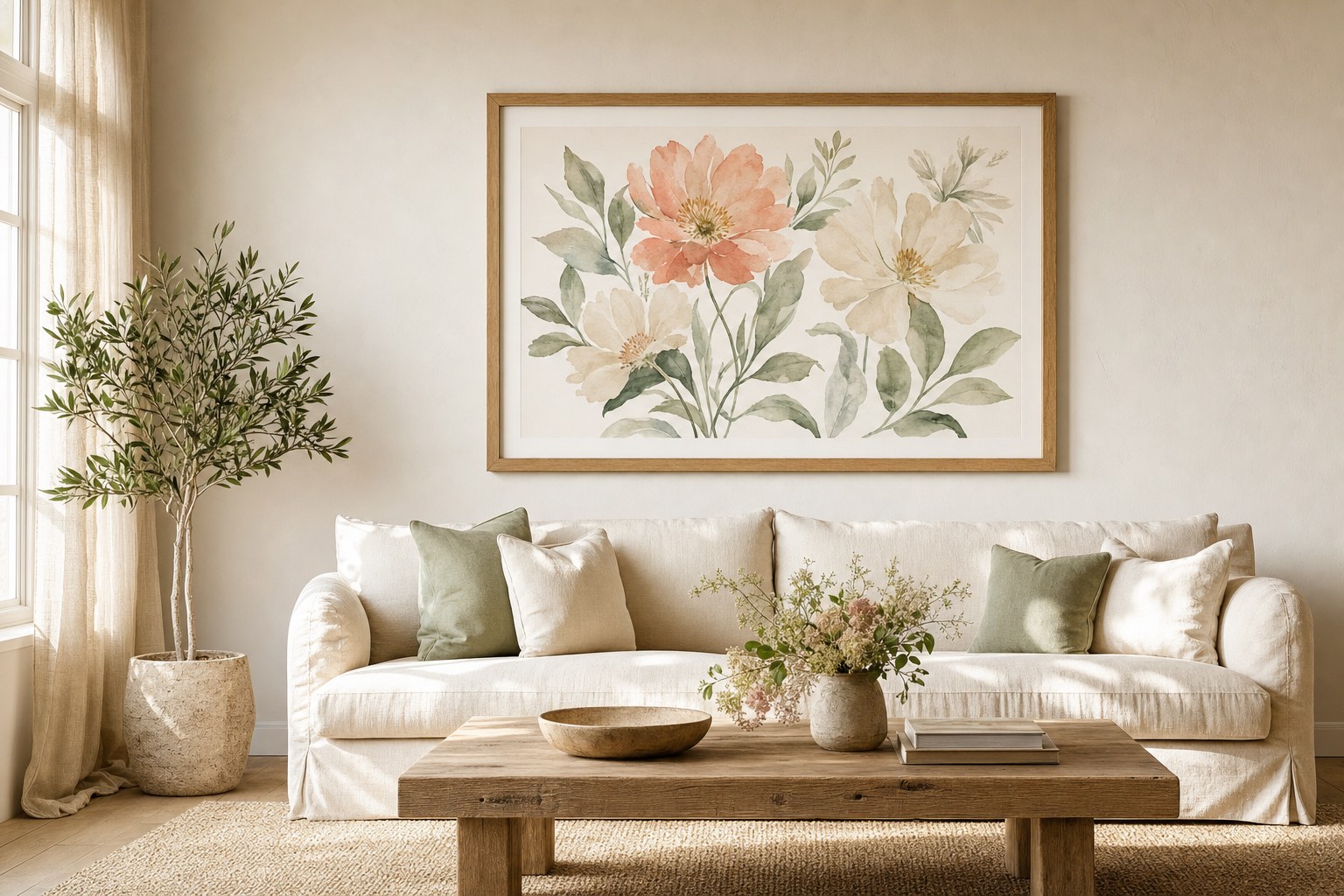 A large floral watercolor print above a cream sofa in a sunlit living room