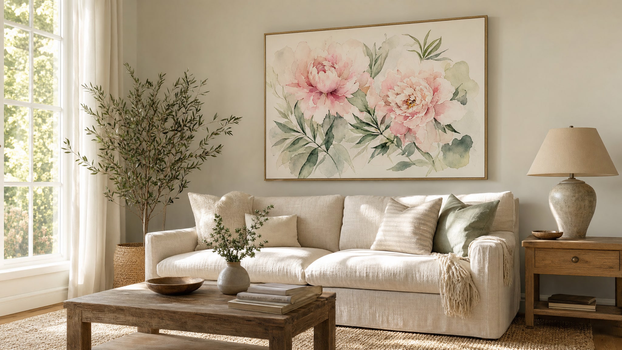 Soft pink floral artwork above a linen sofa in a sunlit living room