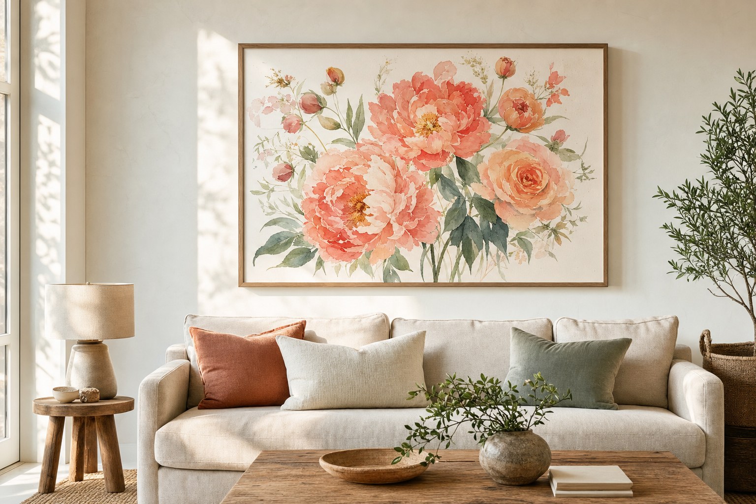 Large framed floral watercolor artwork above a linen sofa in a sunlit living room