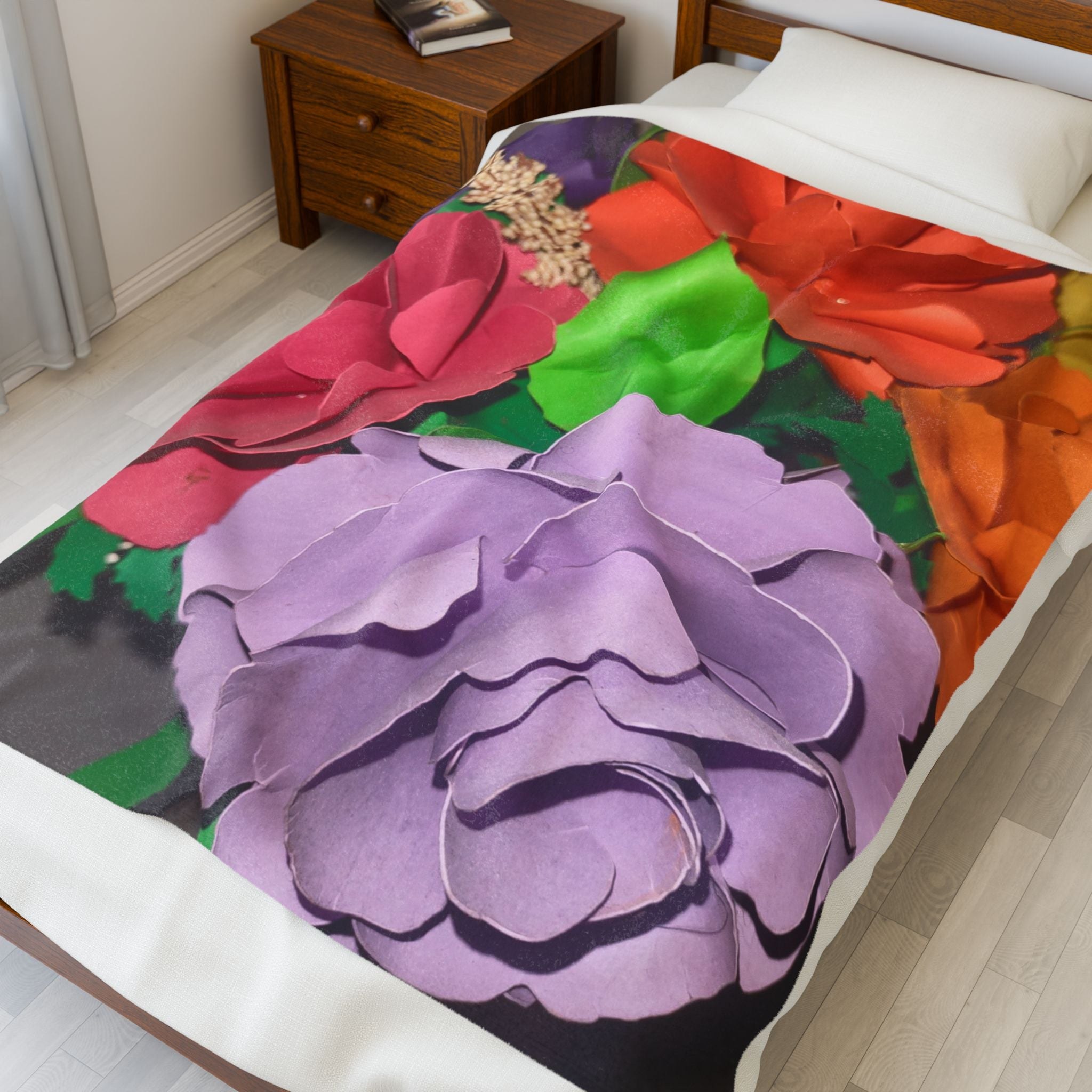 Floral Paper Roses Velveteen Plush Blanket — Colorful Handmade Bouquet Print