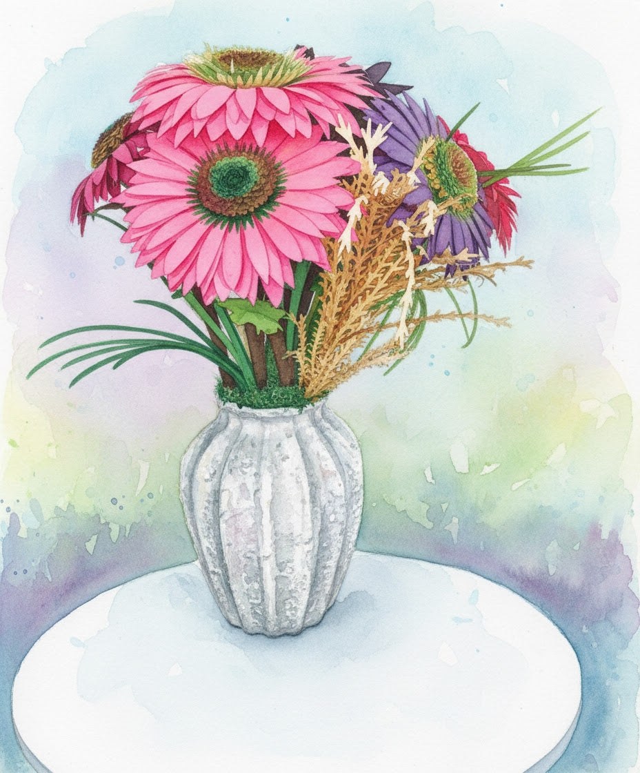 Floral Vase Canvas Print — Pink Gerbera Watercolor Wall Art