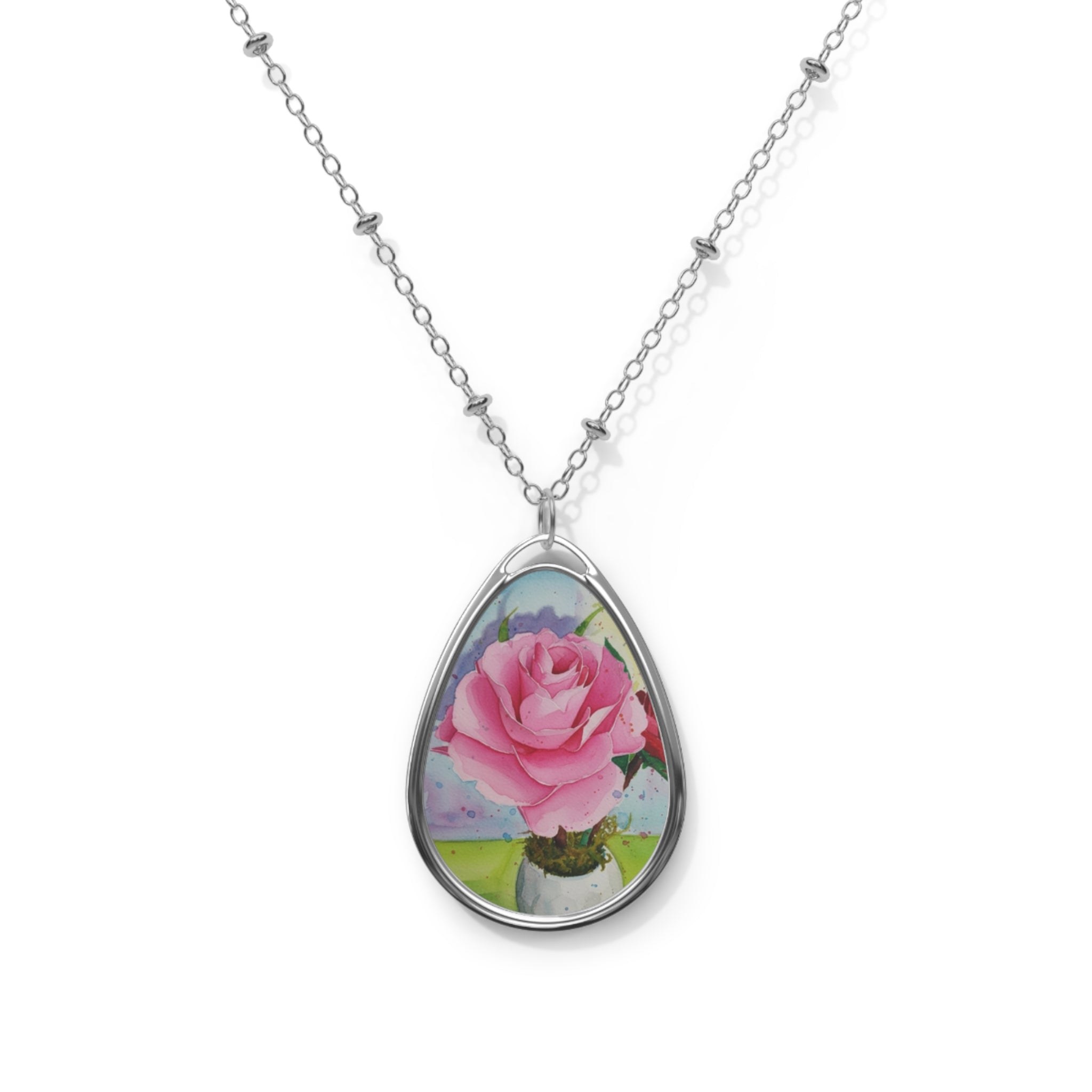 Oval Pendant Necklace with Pink Rose Art – Floral Teardrop Locket