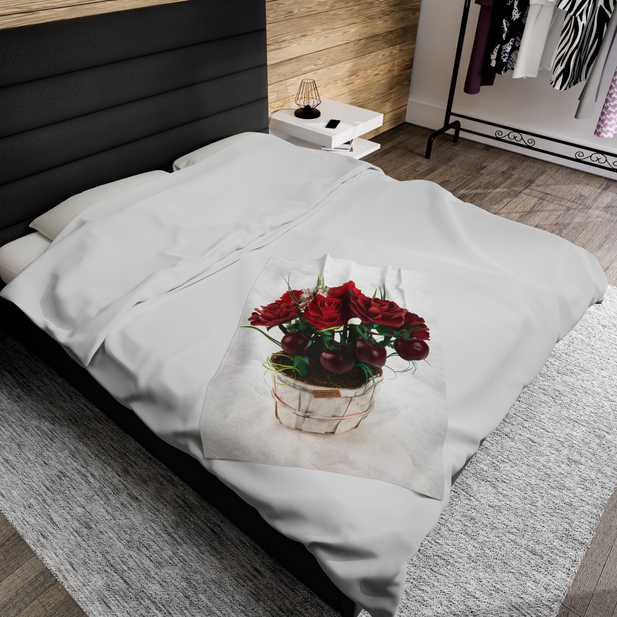 Plush Blanket - Ruby Red Rose and Apple Branch Design, view 1
