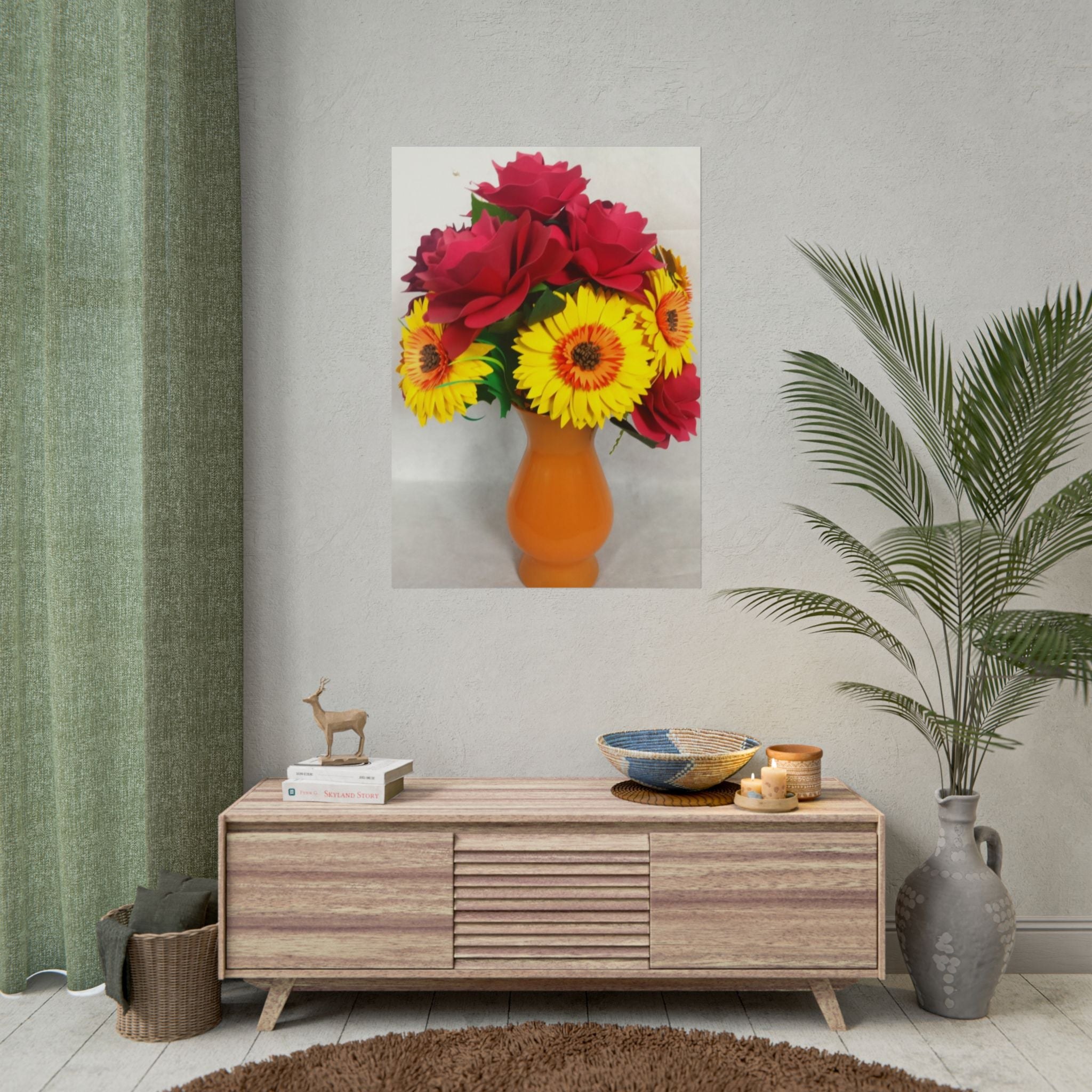 Poster Print Daisies and Ruby Red Roses, view 1