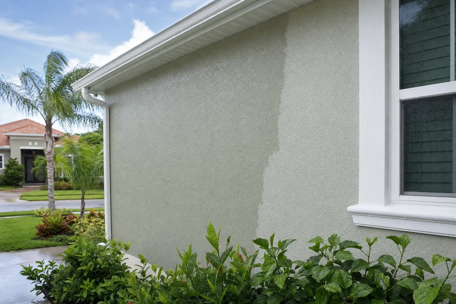 Florida stucco exterior and landscaping drying after a rain shower