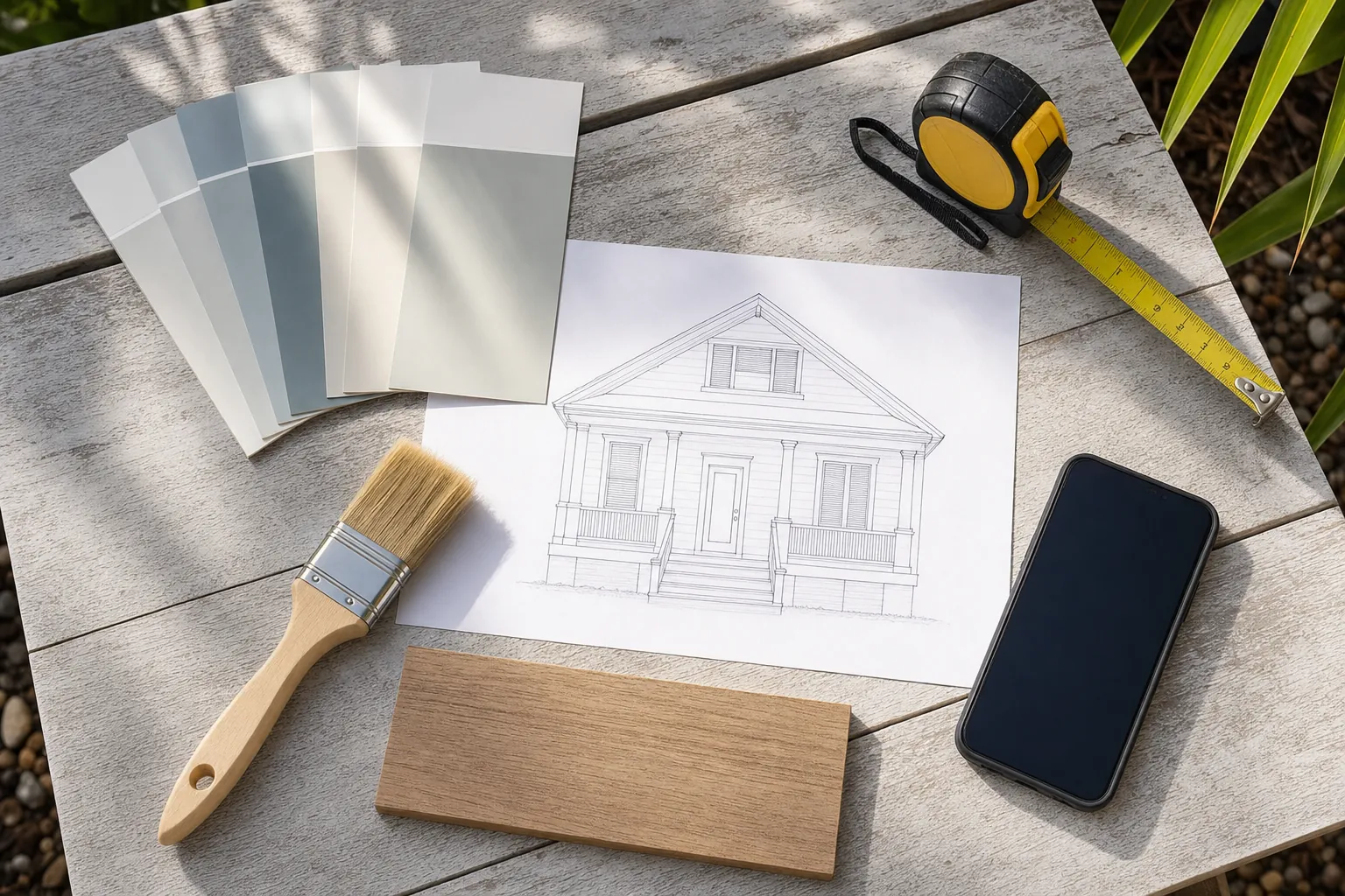 Paint color swatches, tape measure and exterior planning materials on a table