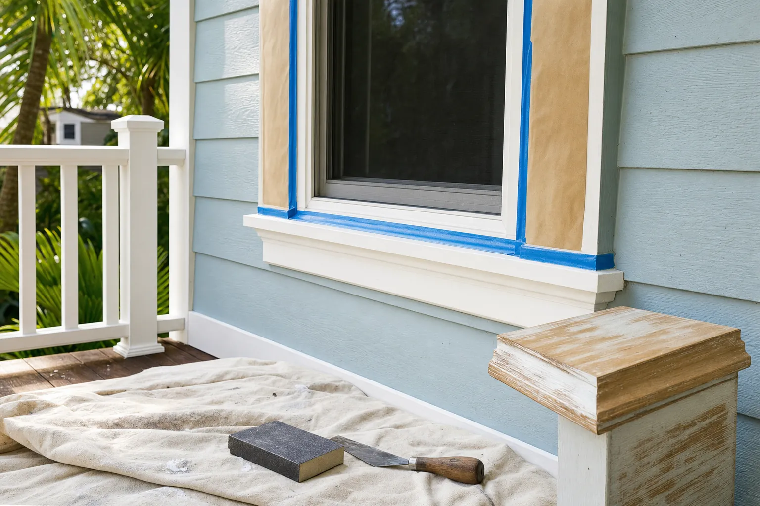 Masked exterior window trim and preparation tools before painting