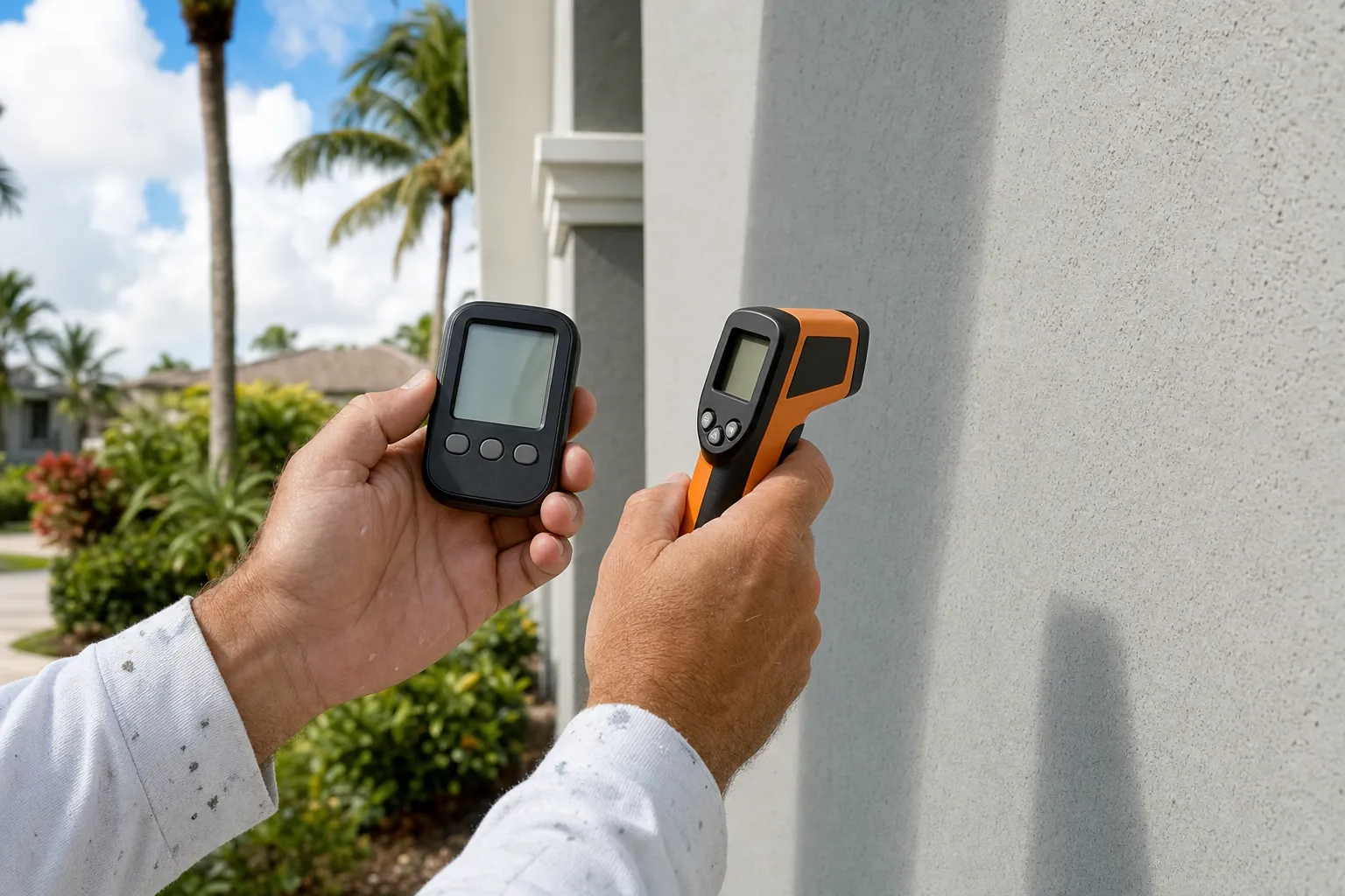 Painter checking exterior wall conditions with a humidity meter and infrared thermometer