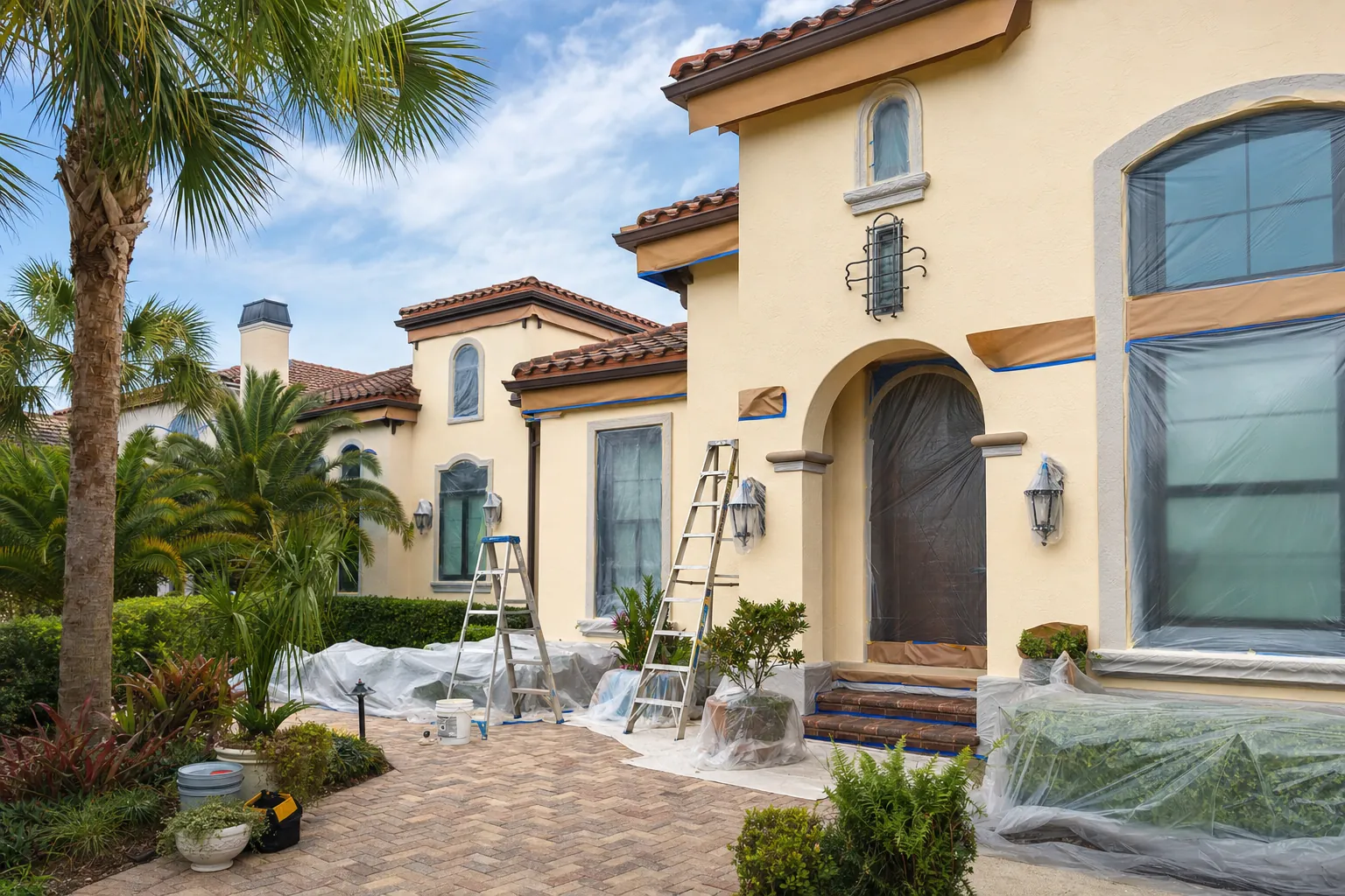 Florida home protected and masked before exterior painting begins