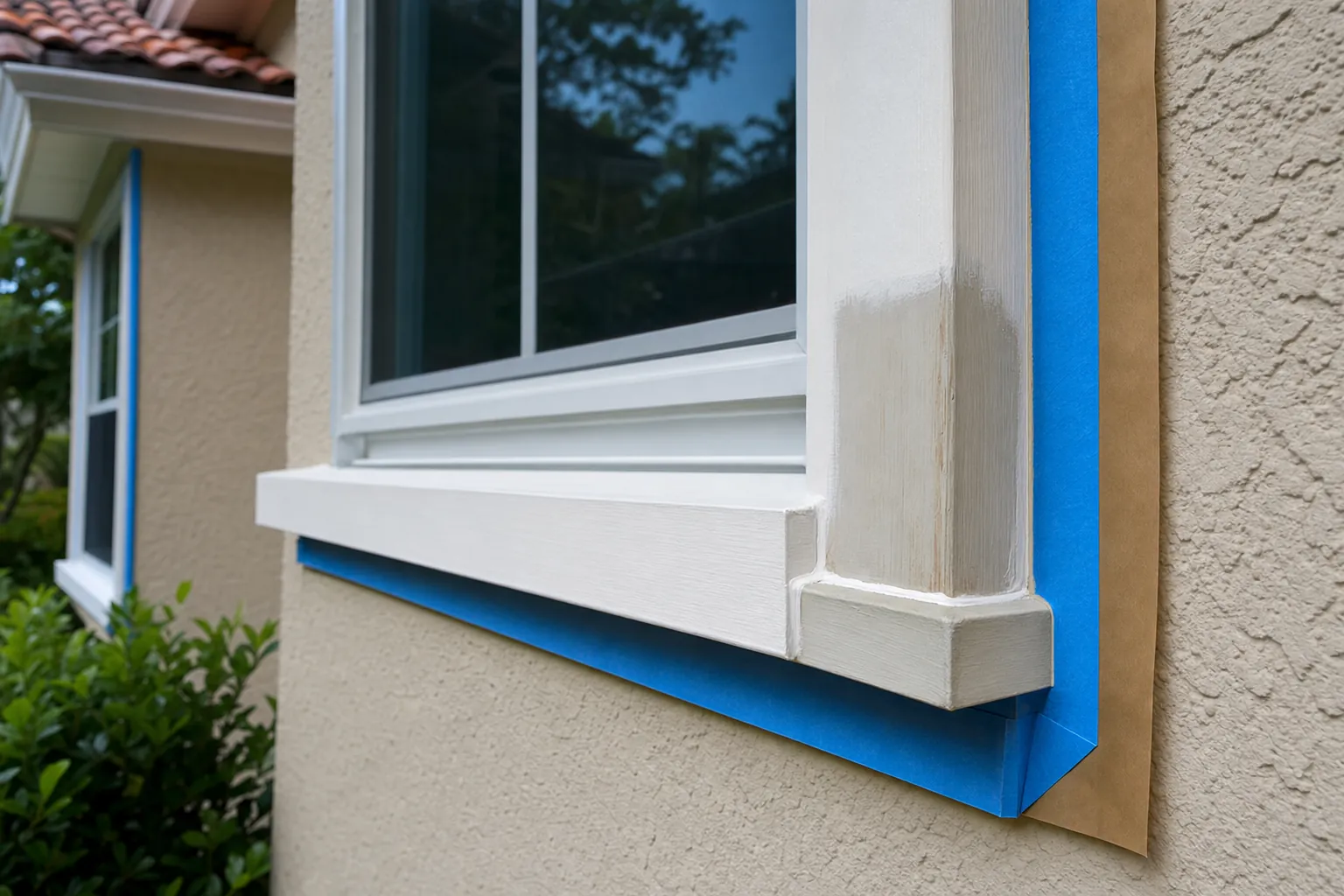 Repaired exterior window trim, caulk line and spot priming before painting