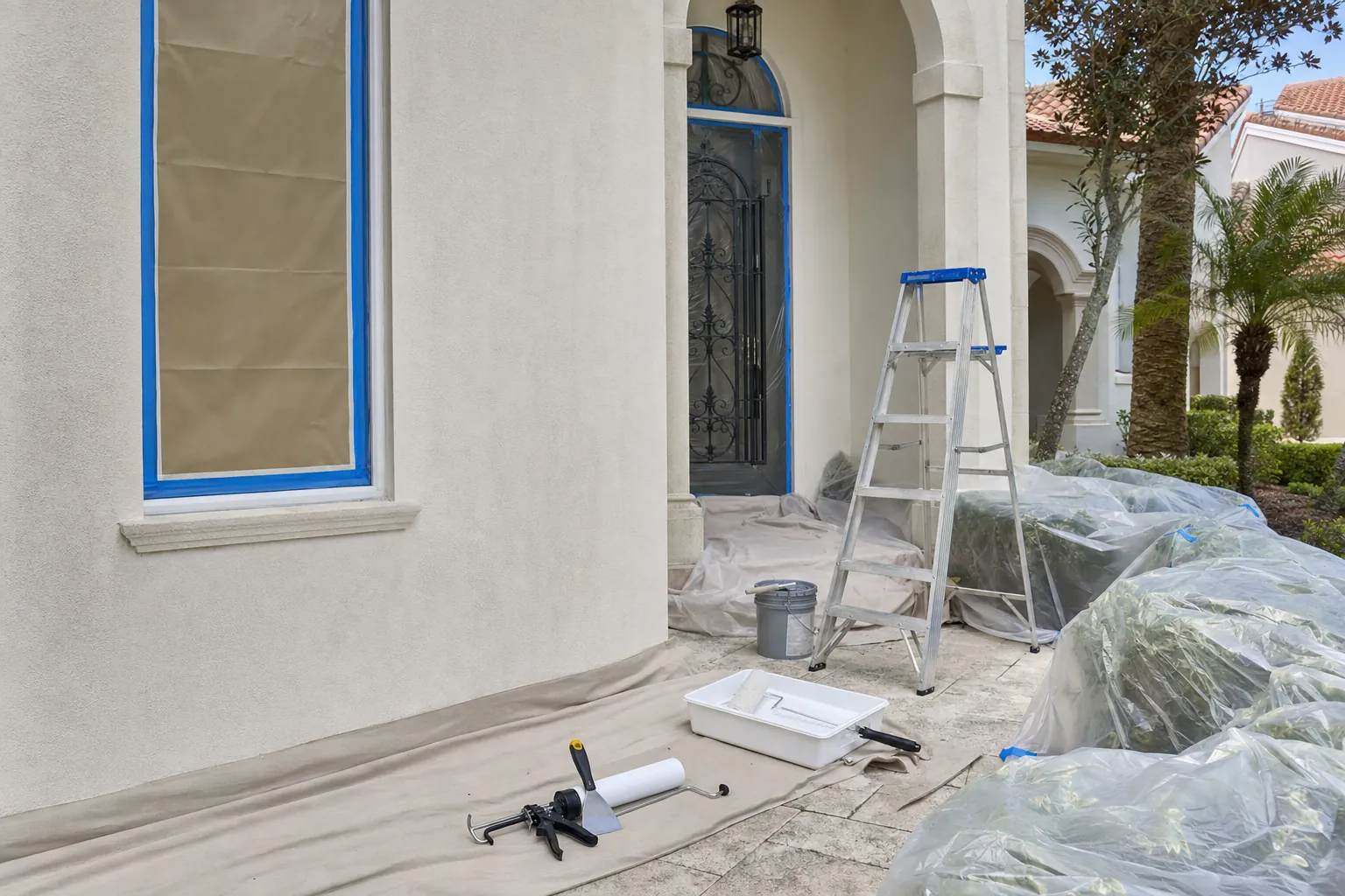Exterior painting tools staged beside protected landscaping and a masked entry