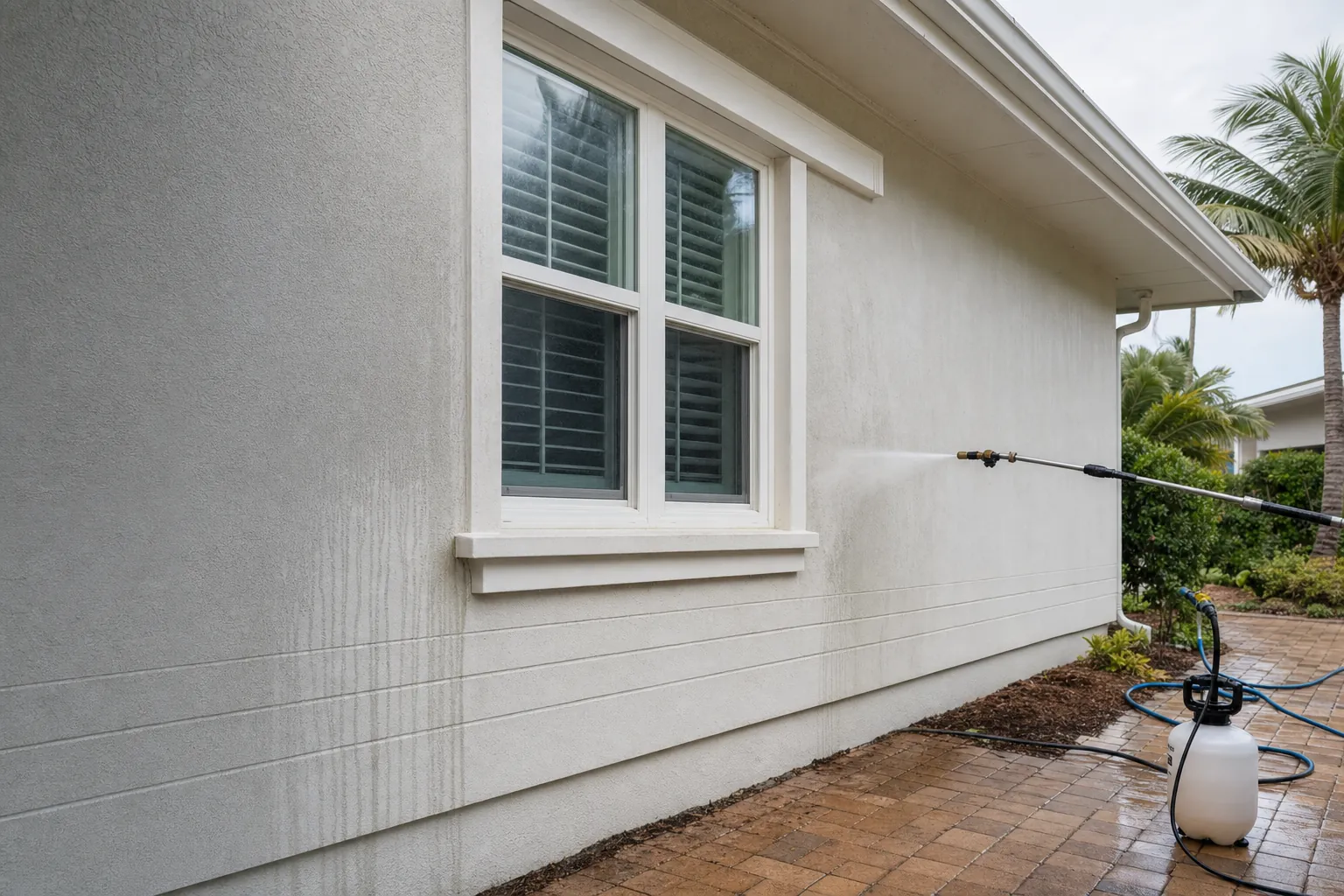 Florida stucco exterior being carefully cleaned before painting
