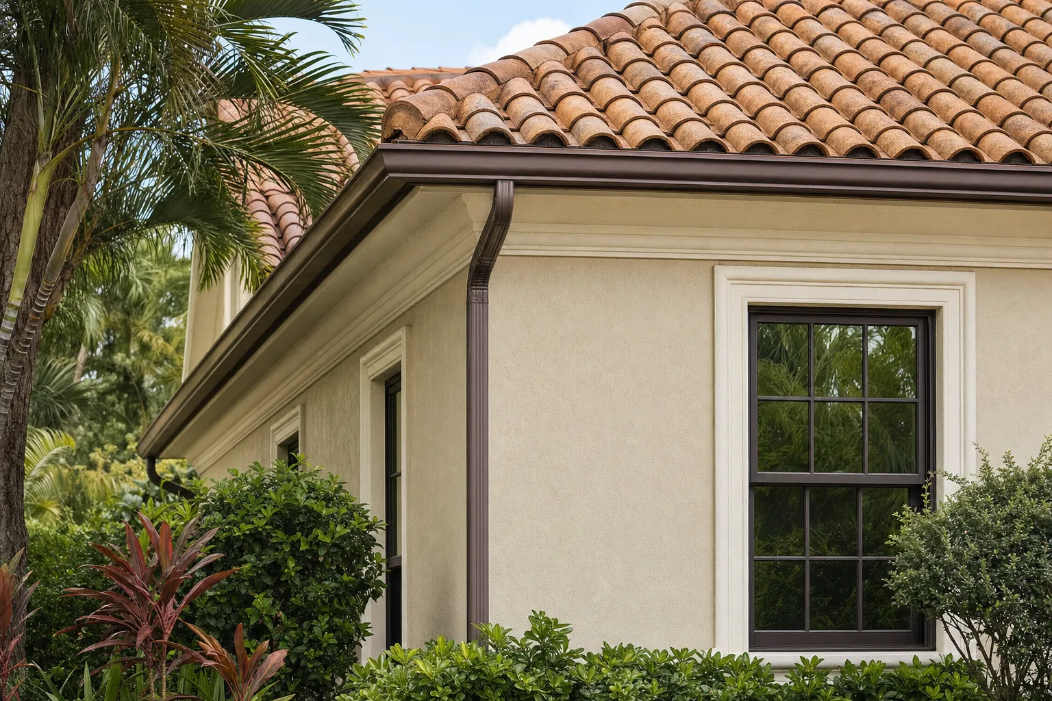 Clay tile roof, cream stucco, bronze gutter and landscaping on a Florida home