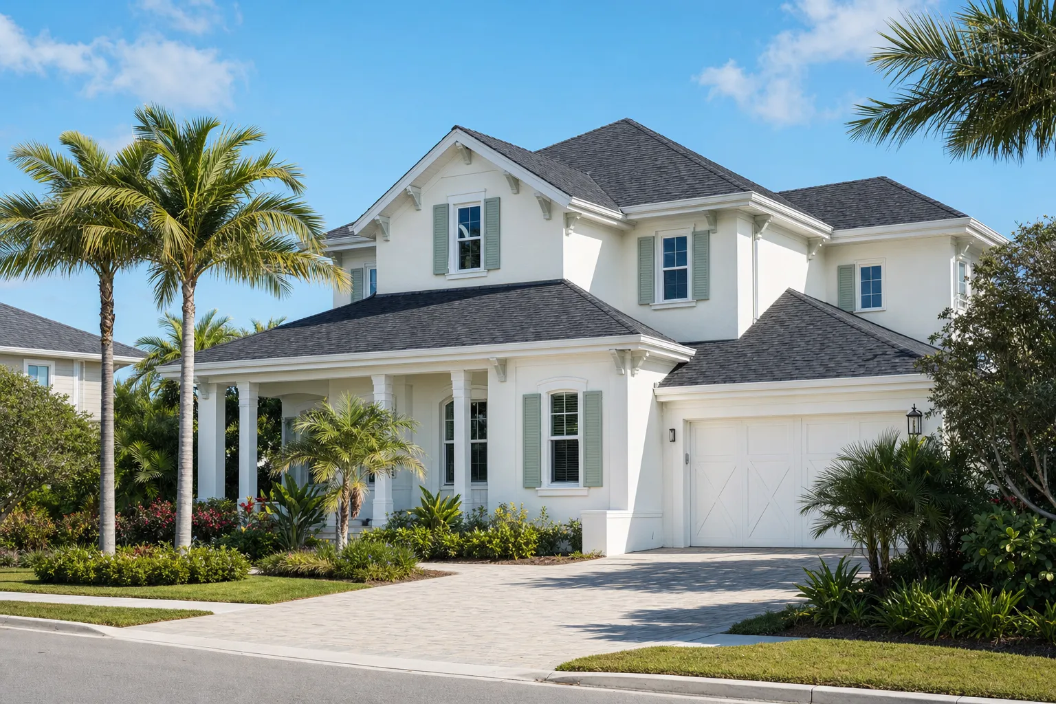 White Florida home with sage shutters, a charcoal roof and palm landscaping