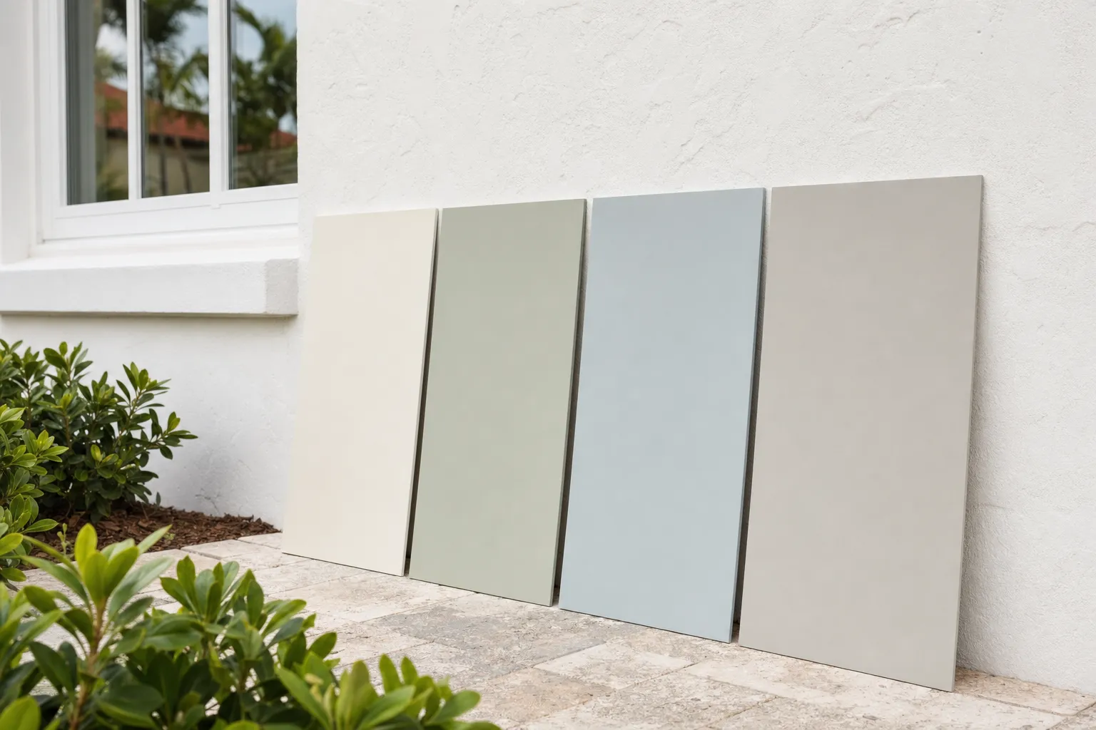 Four exterior paint sample boards in warm white, sage, muted blue and greige against a Florida stucco wall