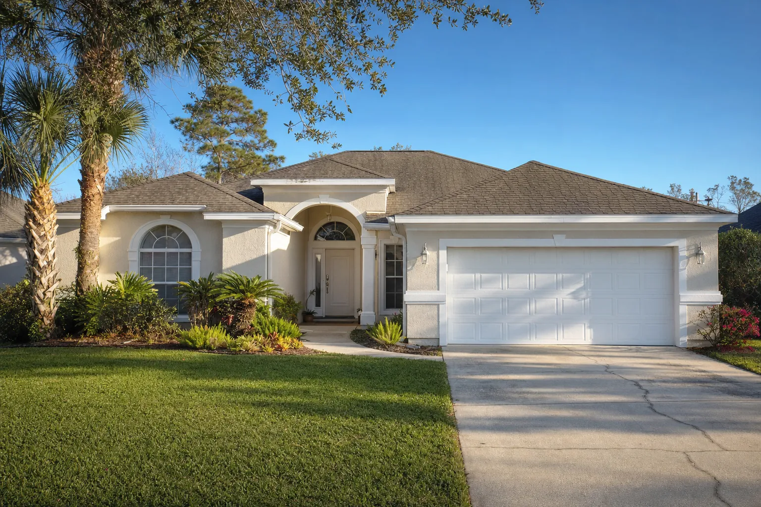 Well-maintained Florida stucco home with white trim and palm landscaping