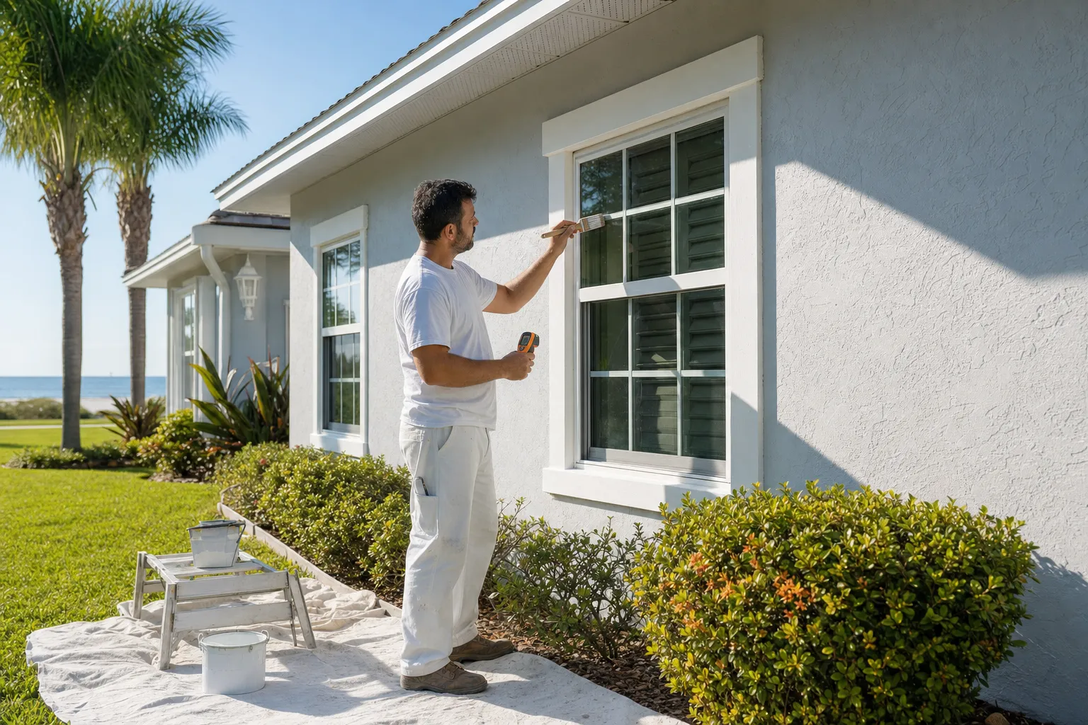 Painter checking exterior window trim on a bright Florida day