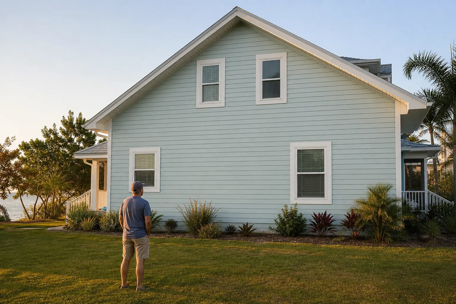 Homeowner inspecting a freshly painted pale blue Florida home's exterior