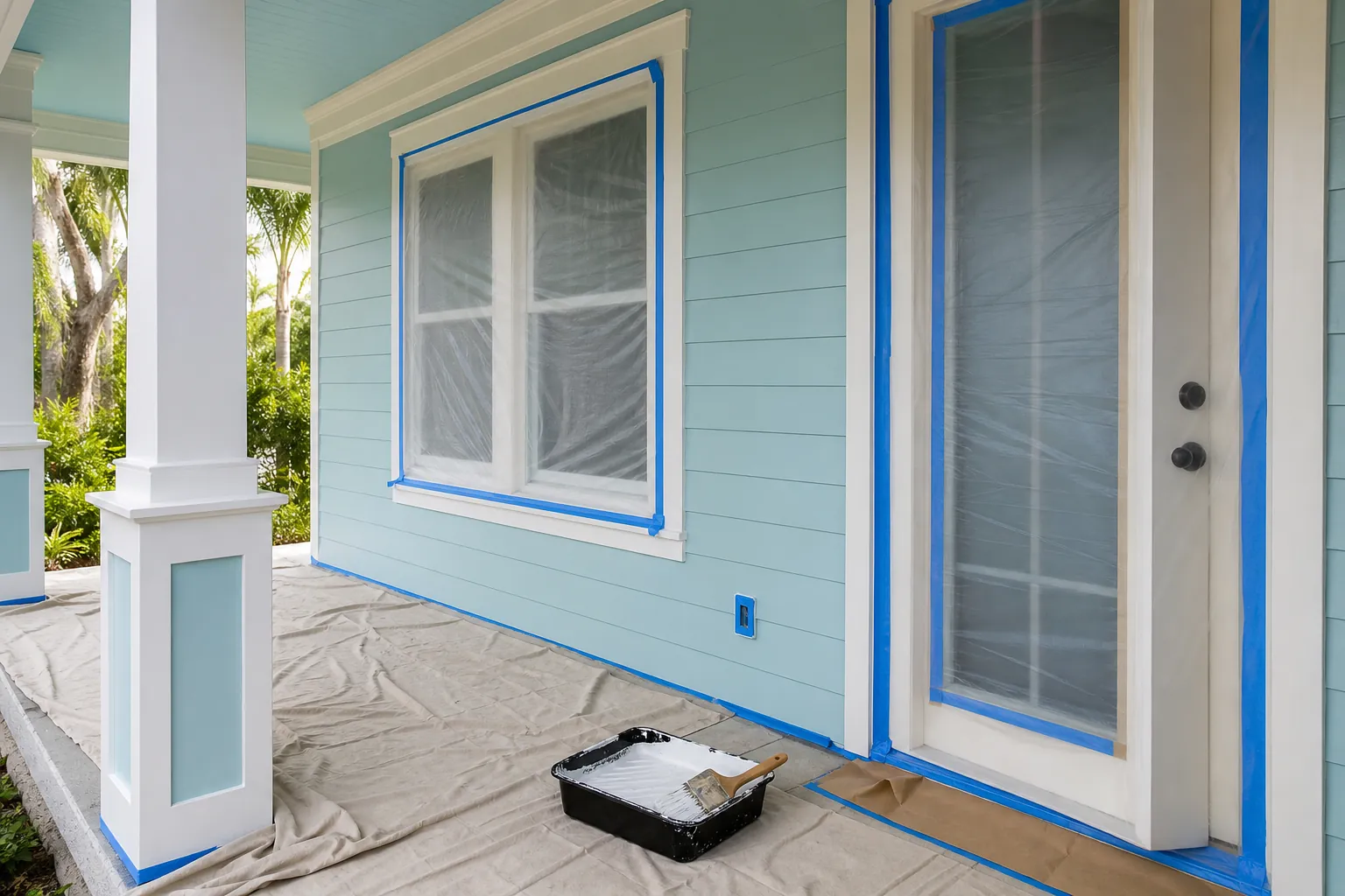 Carefully masked windows and doors before exterior painting