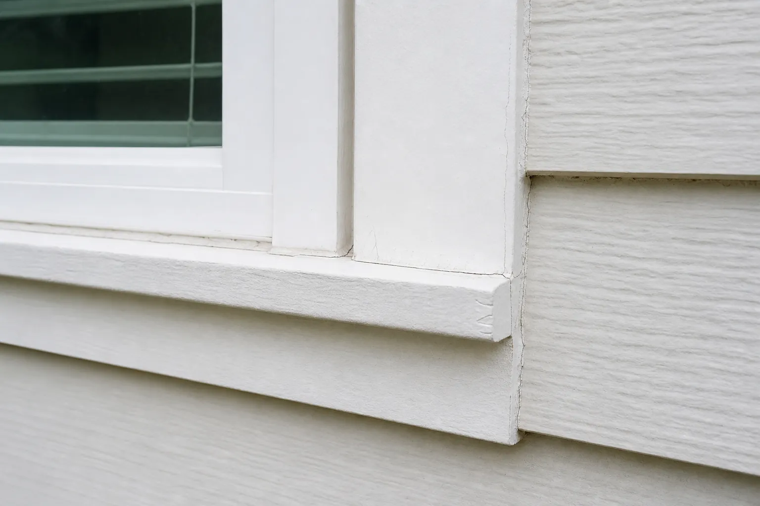 Hairline cracking at a painted window trim joint