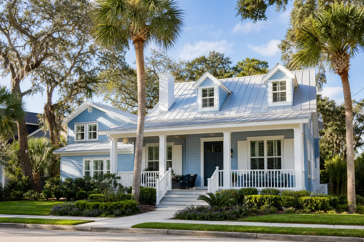 Freshly painted pale blue Florida home with white trim
