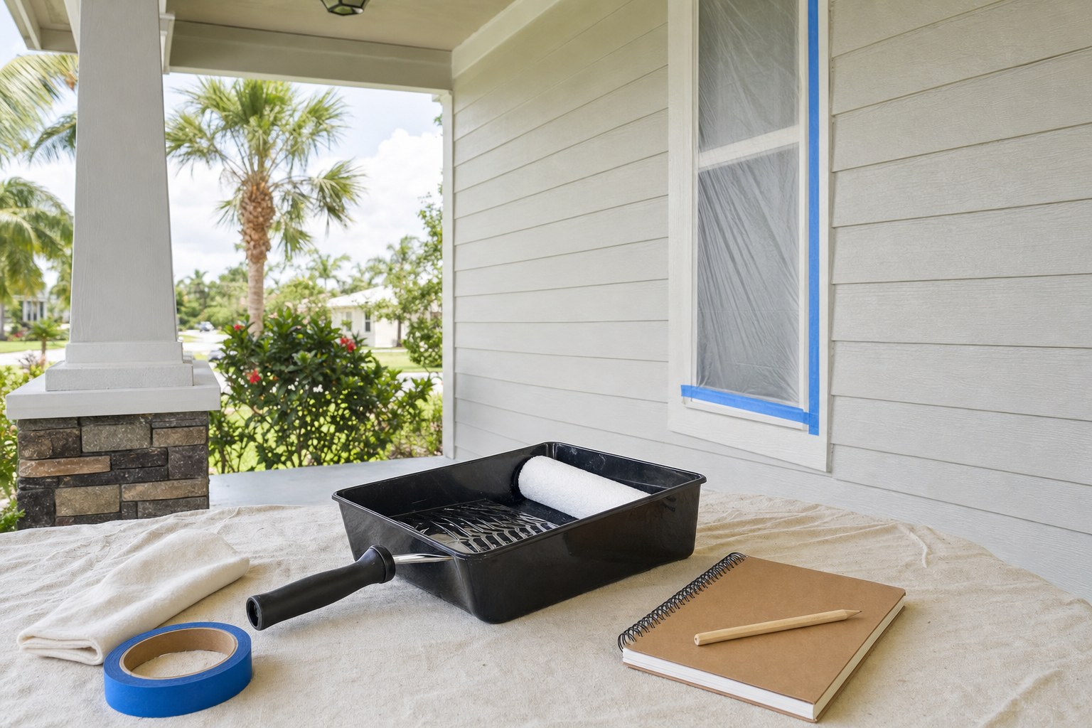 Paint tray, roller and protected exterior wall prepared on a covered Florida porch