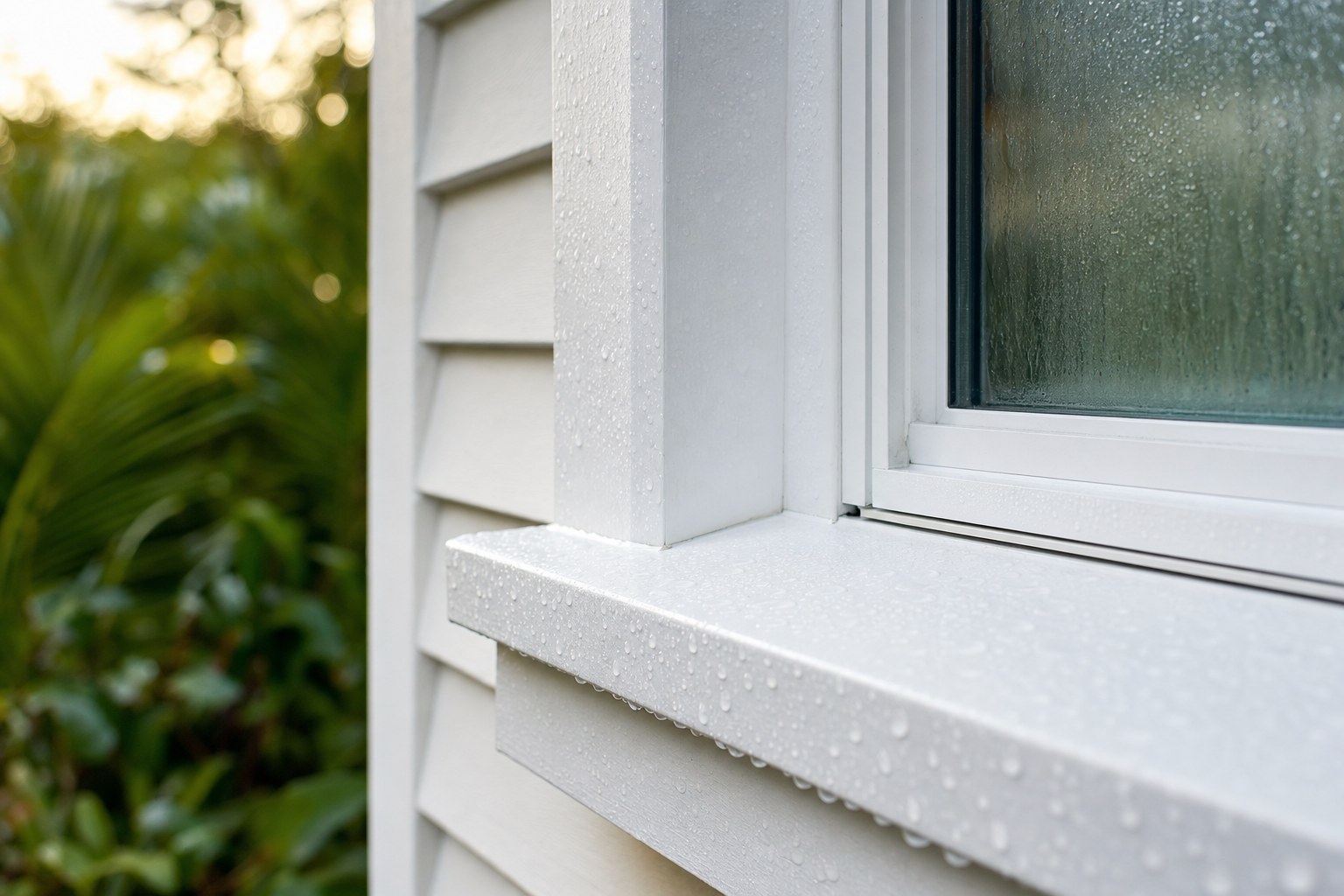 Morning moisture beading on white exterior window trim at a Florida home